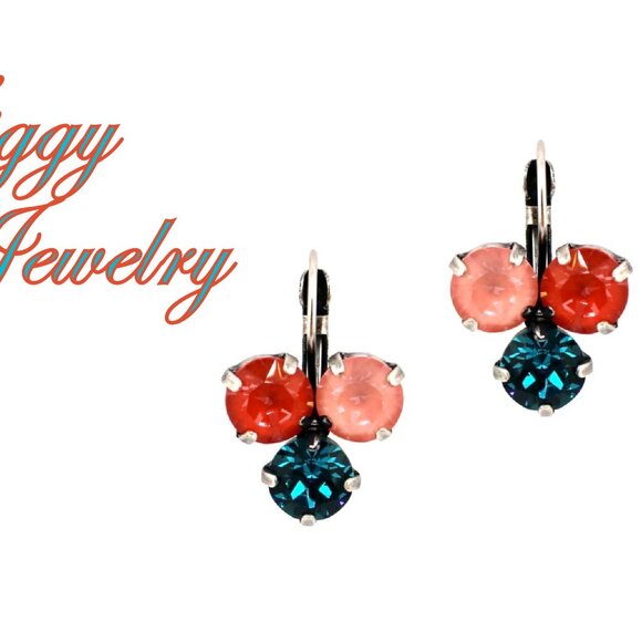 Triple Drop Earrings made with Genuine Austrian Crystals in Coral and Teal - Picture 1 of 6
